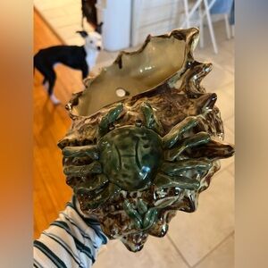Ceramic Shell Art with Green Crab Design